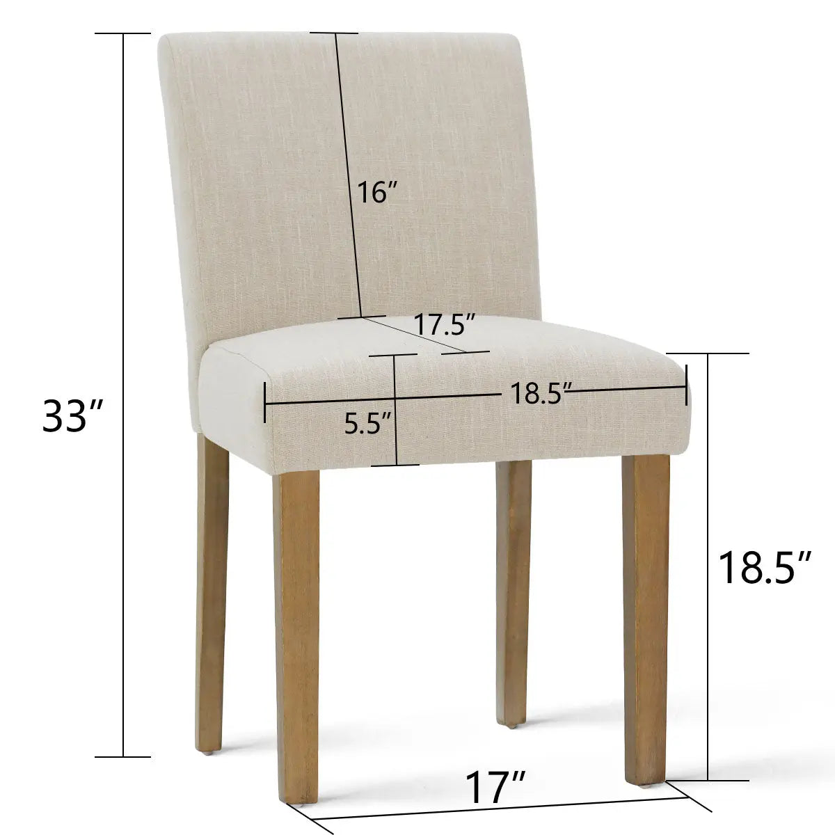 North Upholstered Dining Chair with natural legs, shown with dimensions: 33" height, 18.5" depth.