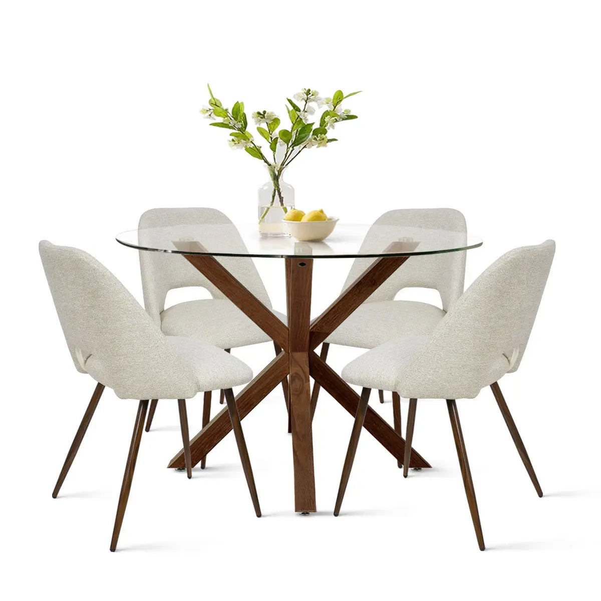 Oliver & Edwin dining table set with white chairs, round glass top, wooden legs, elegant design.