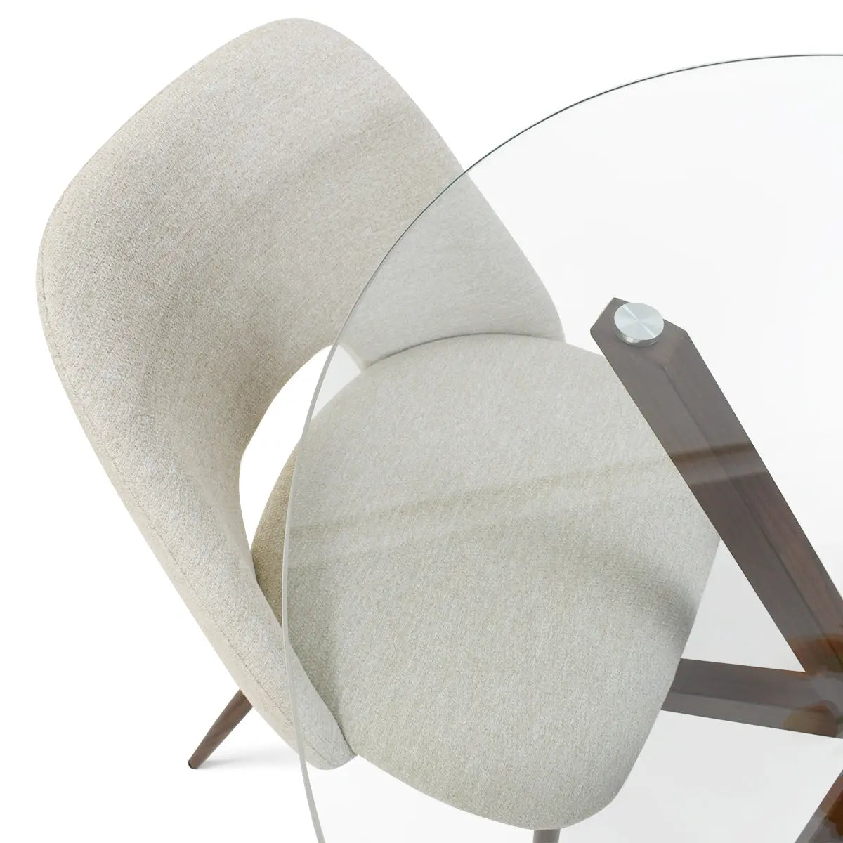 Oliver & Edwin Modern Glass Top Dining Table Set with beige chair detail and wooden leg design.