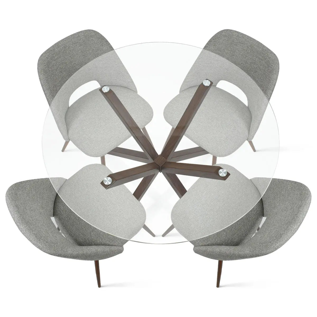 Oliver & Edwin modern glass top dining table set with grey chairs and wooden legs.