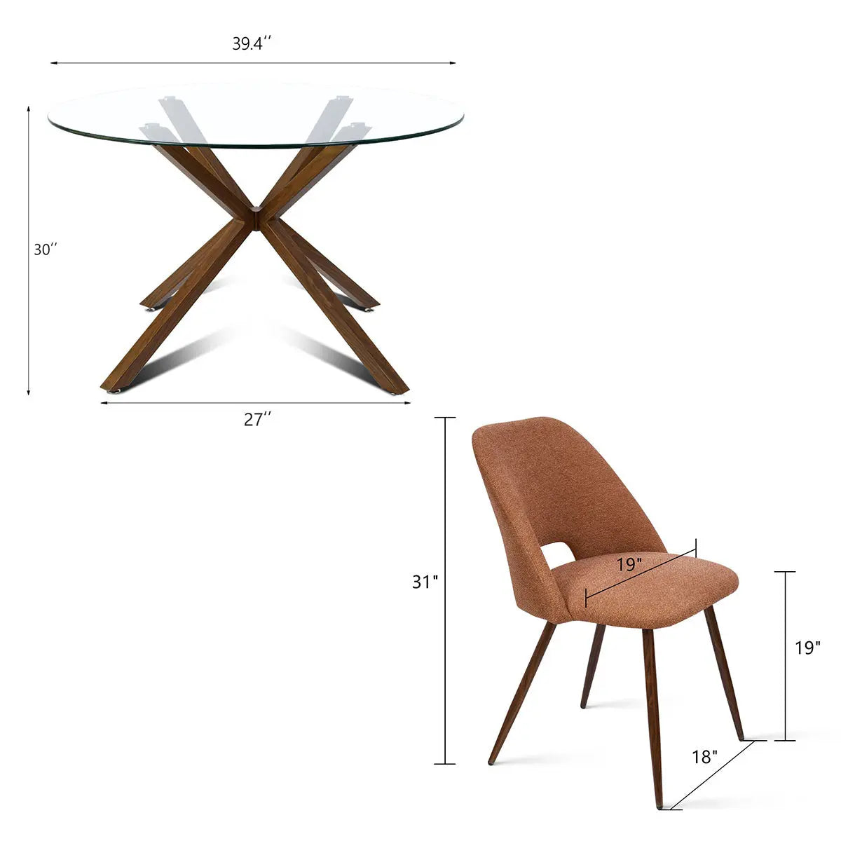 Oliver & Edwin round glass dining table set dimensions with modern brown chair design included.