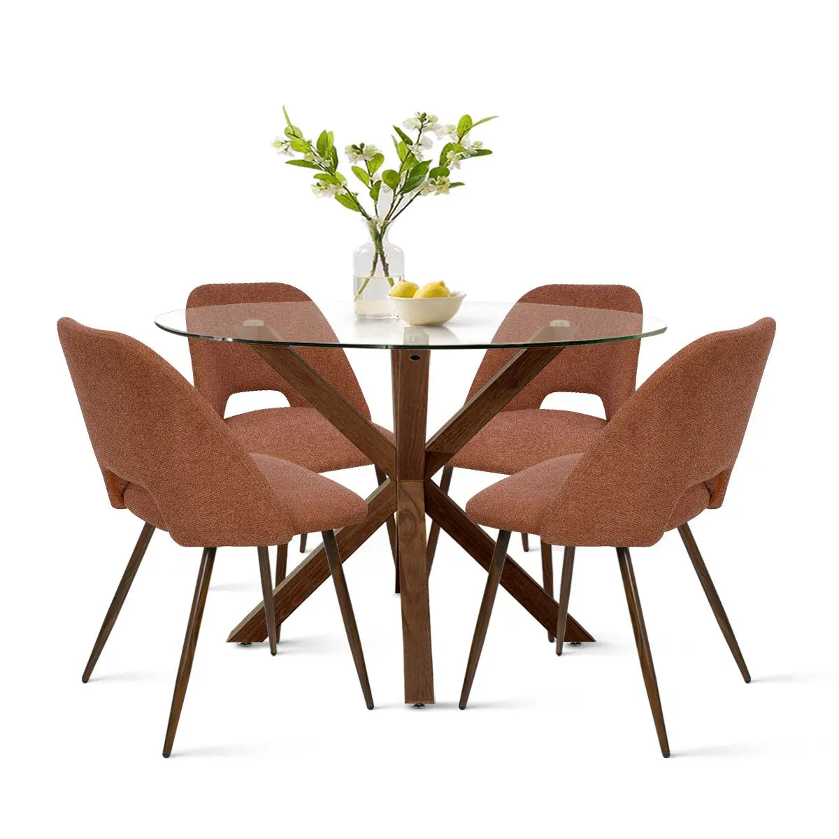 Oliver & Edwin round glass dining table with brown chairs; modern dining room set and decor.