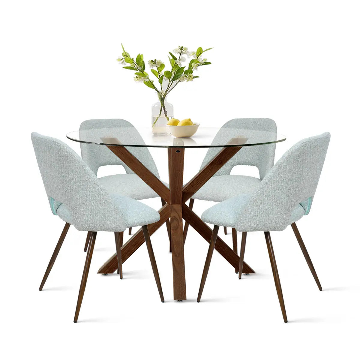 Oliver & Edwin dining table set with modern glass top, wooden legs, and light grey chairs.