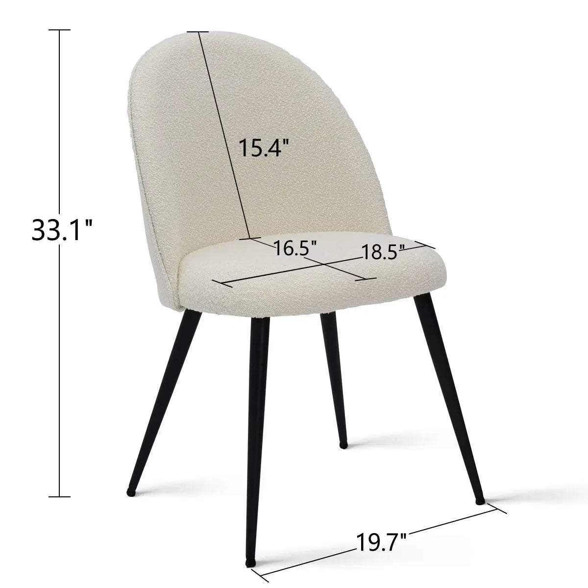 Rhon Modern Boucle Dining Chair with dimensions, featuring sleek black legs and ergonomic design.