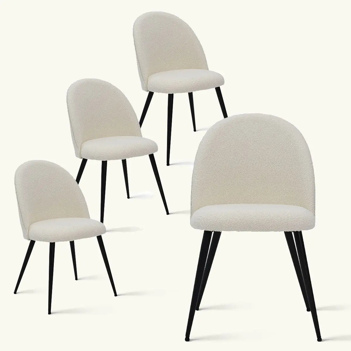 Rhon Boucle Dining Chairs set of four with black legs in modern style, neutral background.