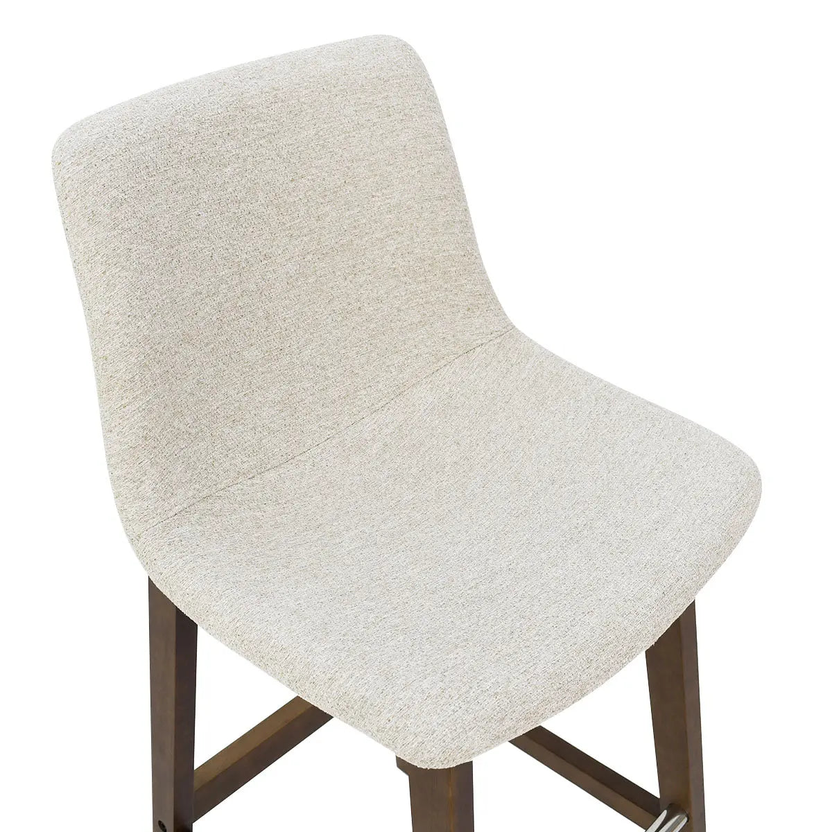 Beige upholstered stool with wooden legs, modern design, counter height; South Modern Upholstered Counter Stool.