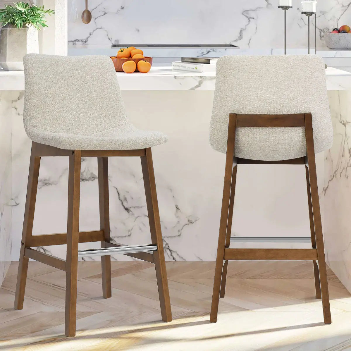 South Modern Upholstered Counter Stool in marble kitchen, light wood flooring, featuring sleek design.