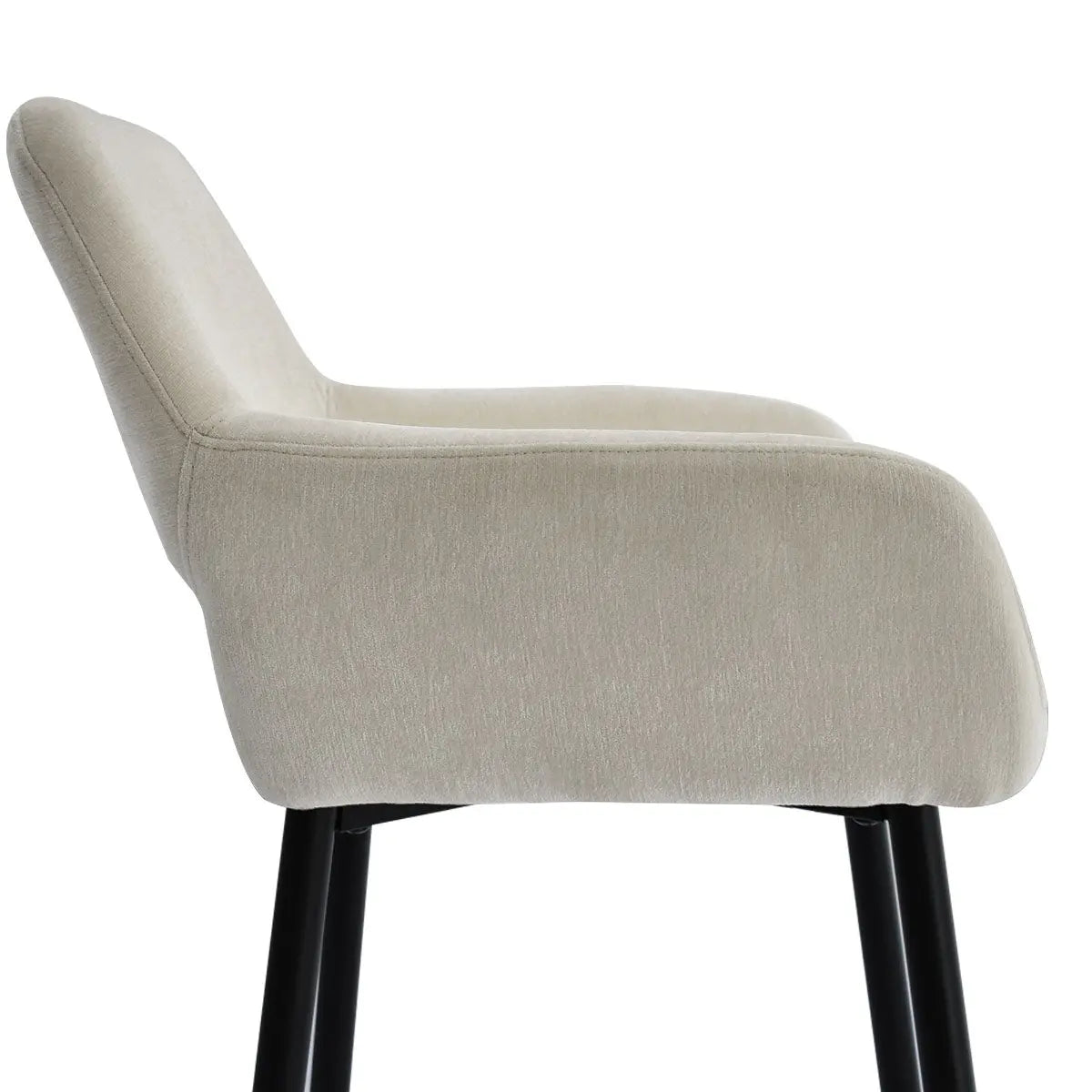 William Modern Upholstered Counter Stool with Arms; side view showcasing beige fabric and sleek legs.