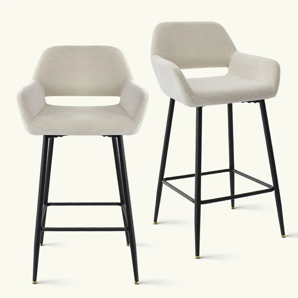 William Modern Upholstered Counter Stool with Arms, neutral color, black legs, contemporary design, indoor furniture.