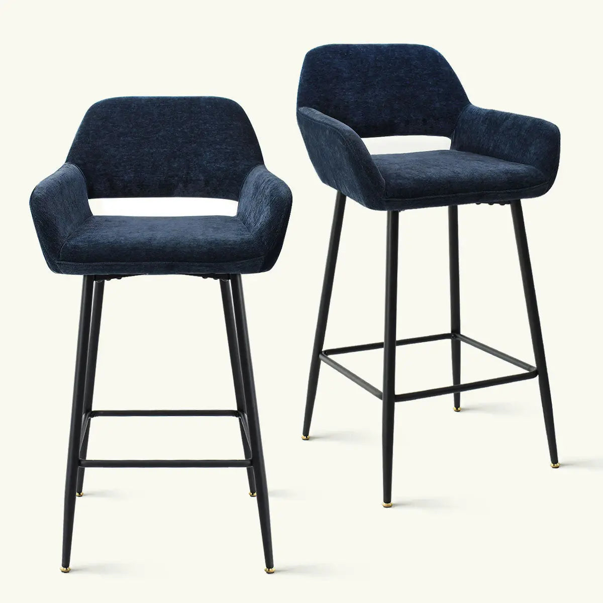 Stylish William Modern Upholstered Counter Stool with Arms, dark fabric, sleek black legs.