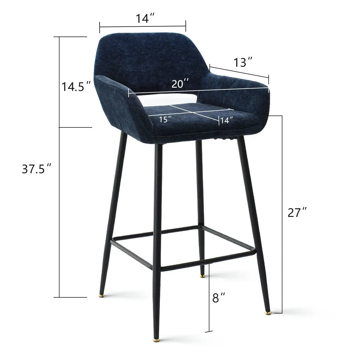 Image displaying dimensions of William Modern Upholstered Counter Stool with Arms in blue fabric.