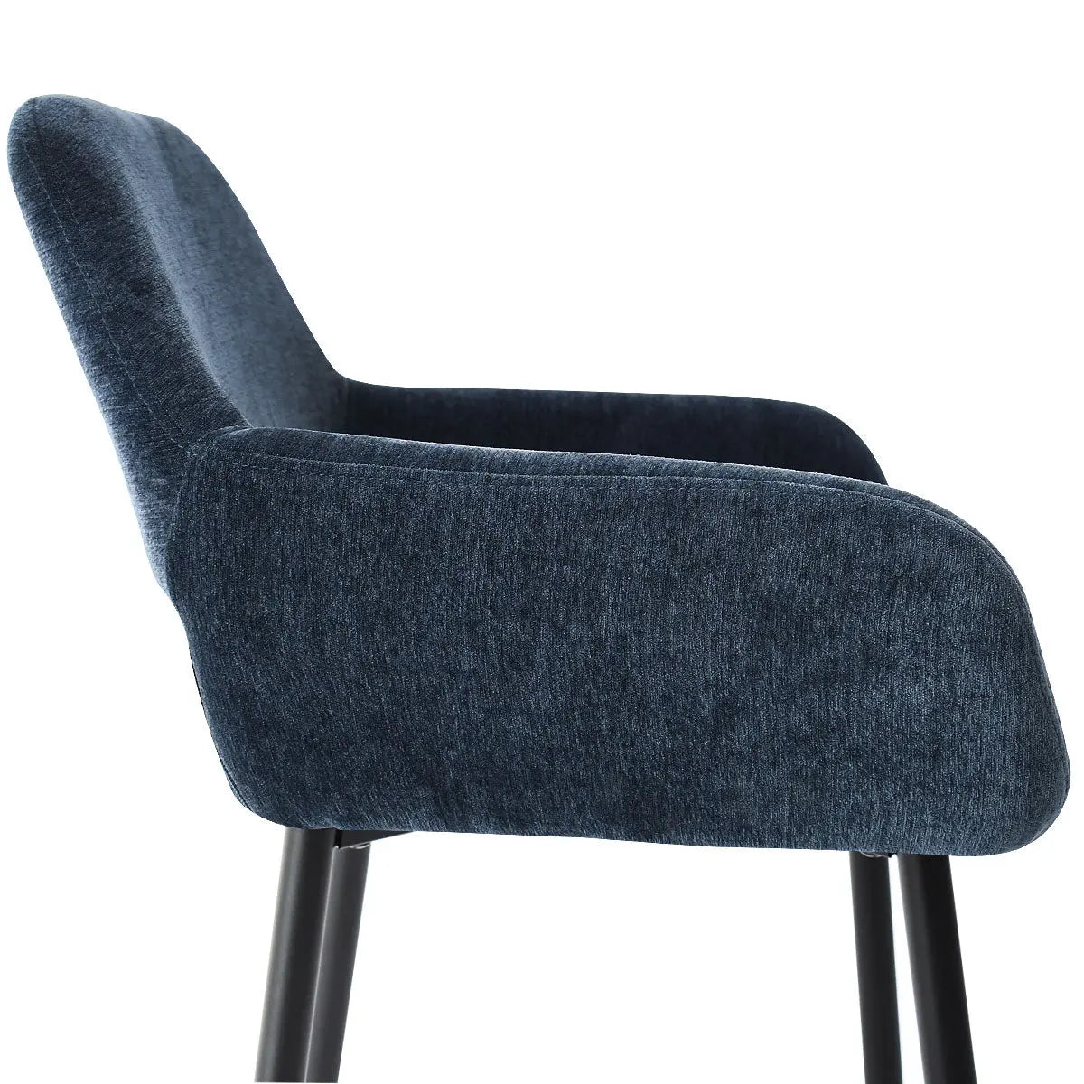 William Modern Upholstered Counter Stool, navy fabric seat, metal legs, side view, with arms.