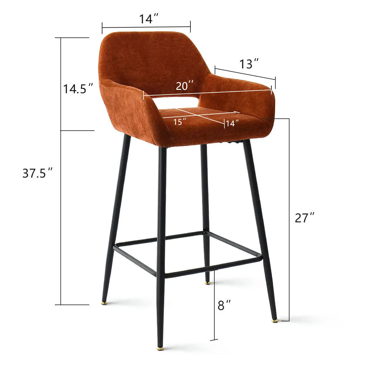 William Modern Upholstered Counter Stool with Arms dimensions; sleek design, burnt orange fabric, black legs.