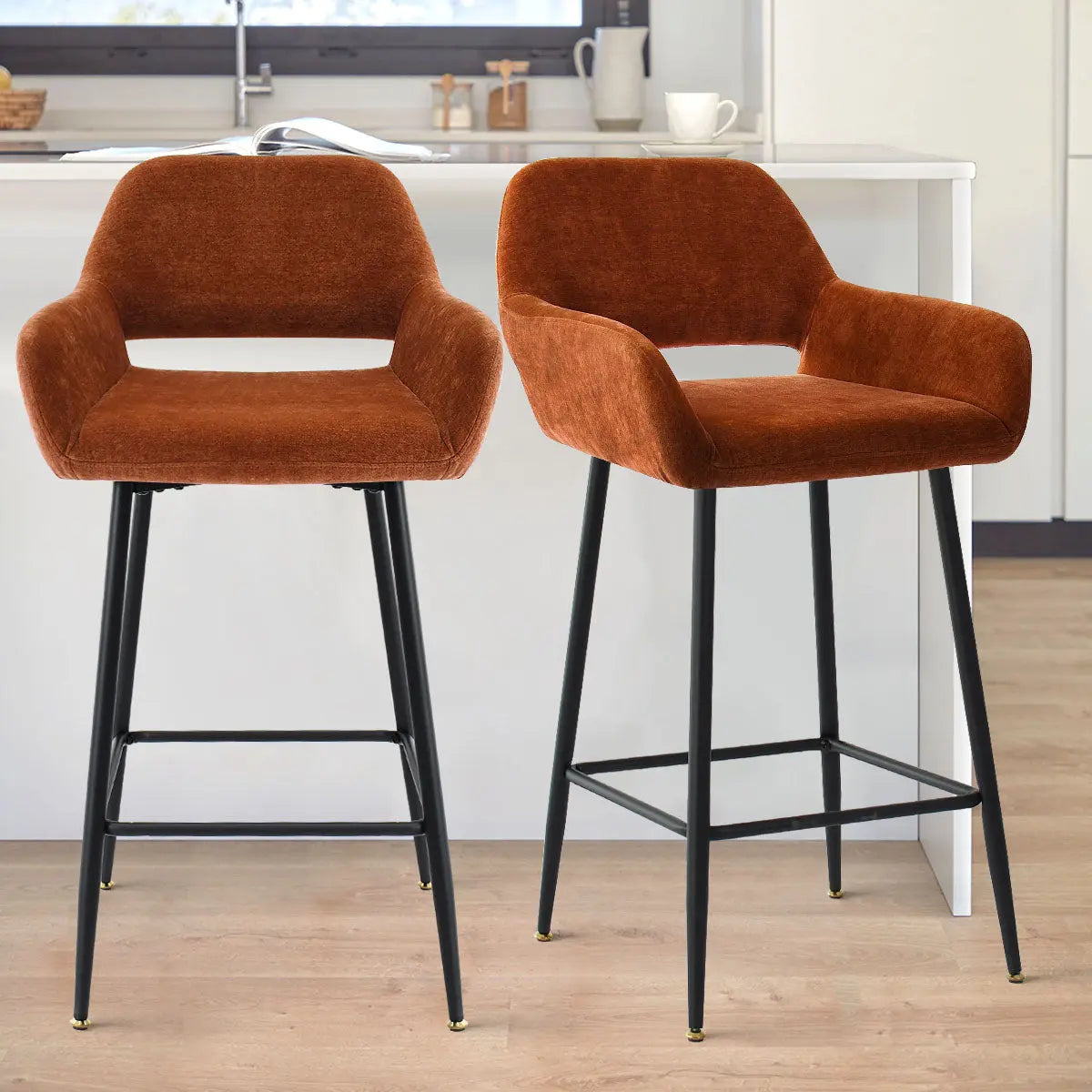 William Modern Upholstered Counter Stool with Arms in kitchen, wooden flooring, white counter background.