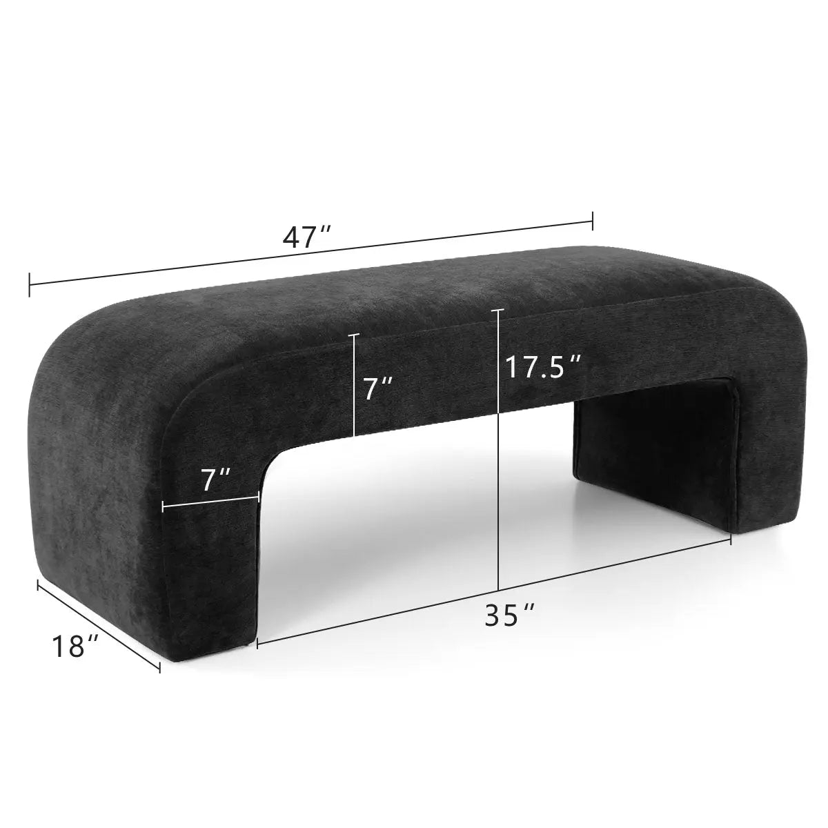 47-inch Lily Chenille Waterfall Bench shown with dimensions, upholstered in black chenille fabric.