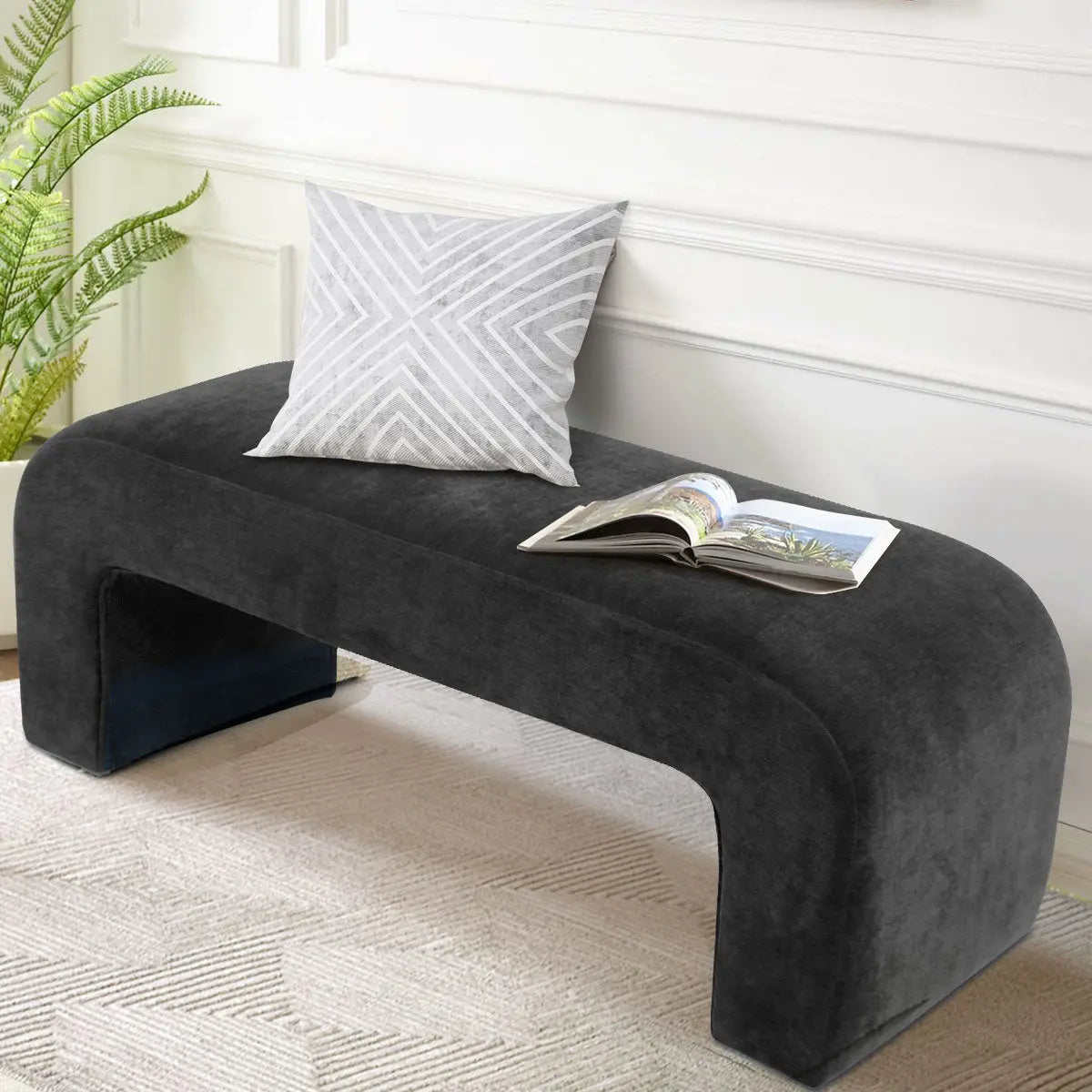 Lily Chenille Waterfall Bench, gray fabric, white wall, beige textured carpet, modern living room furniture.