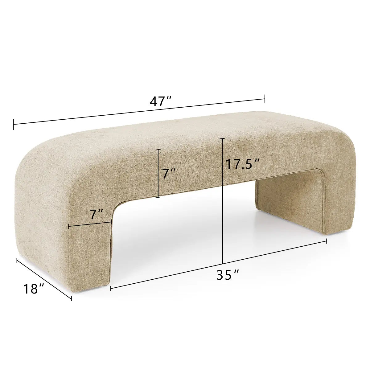 Lily Chenille Accent Waterfall Bench with dimensions 47" x 18" x 17.5", elegant neutral design.