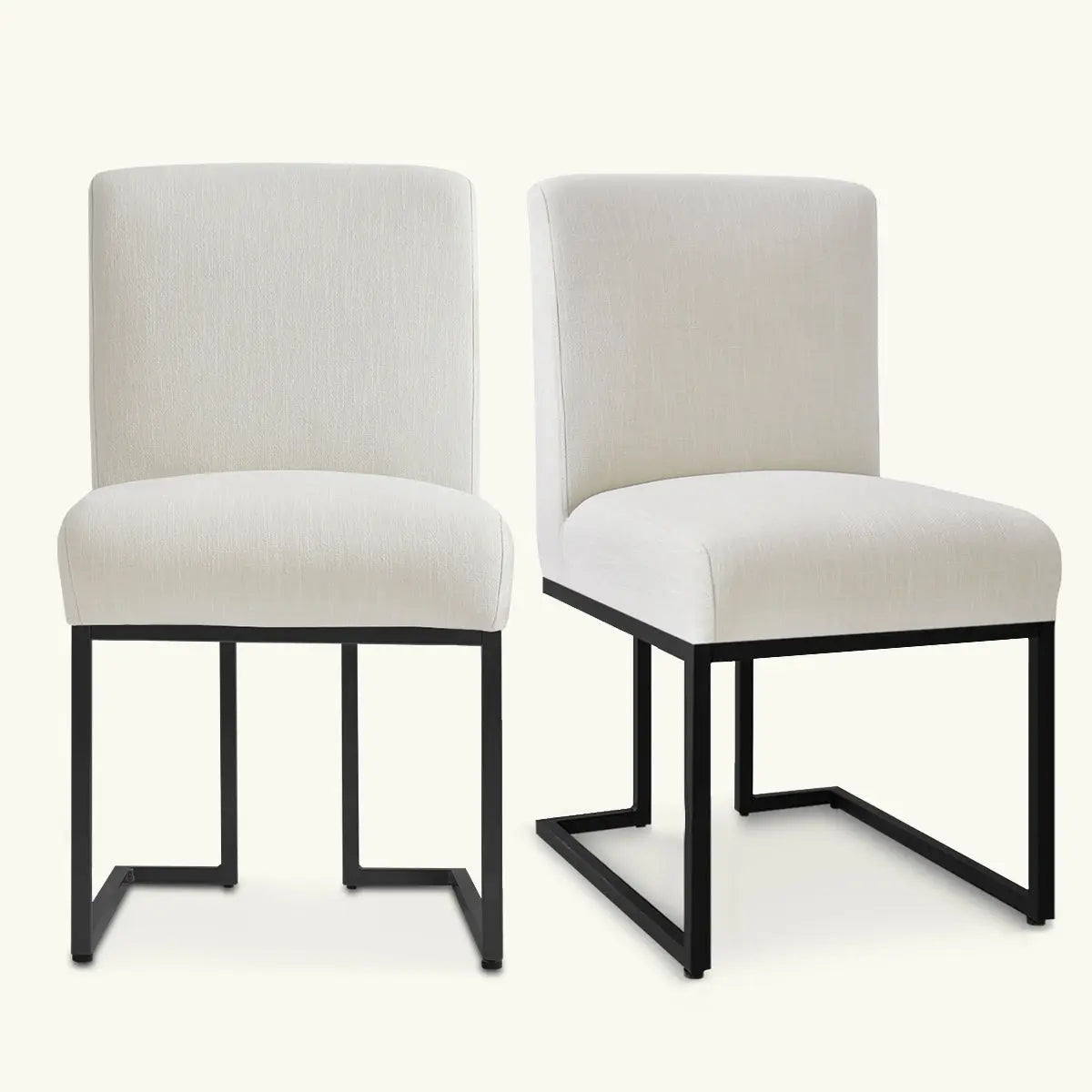 Mason Modern metal frame upholstered dining chairs, minimalist design, white upholstery, black metal legs.