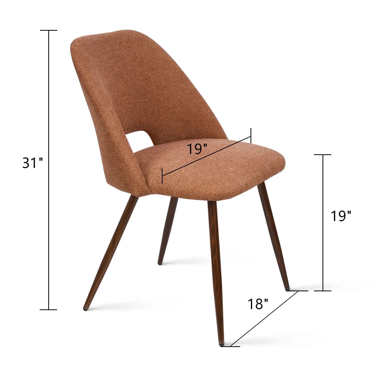 Edwin Modern Boucle Upholstered Dining Chair, dimension details shown, contemporary design, brown fabric.