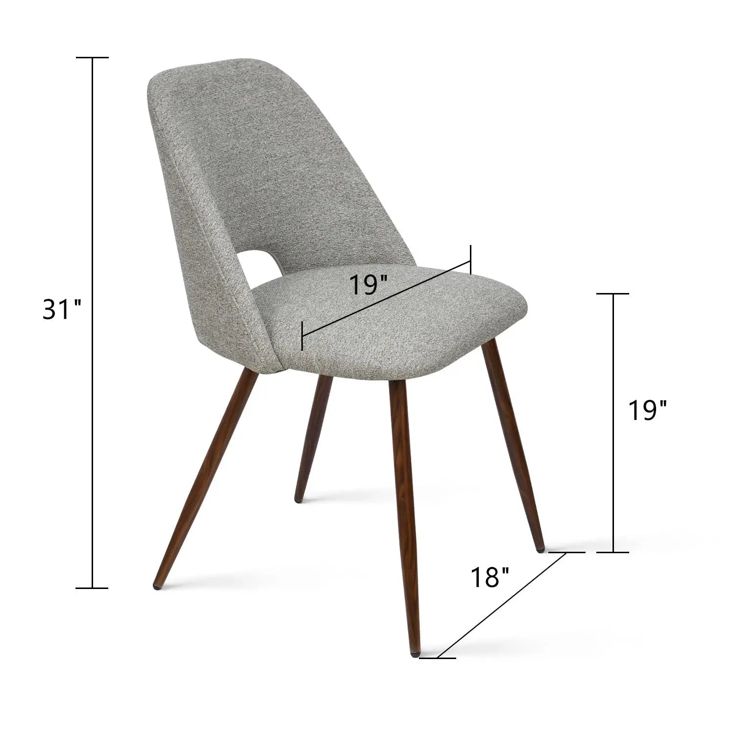 Edwin Modern Boucle Upholstered Dining Chair with dimensions, featuring grey fabric and wooden legs.